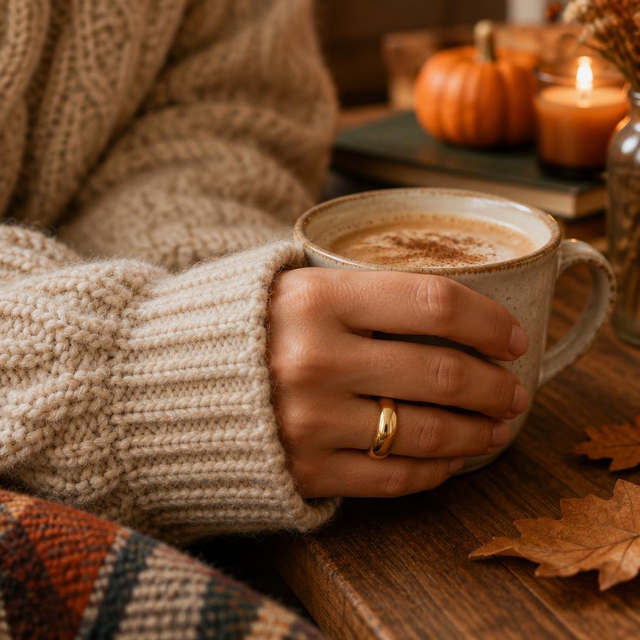 Hand mit Goldring hält eine Tasse Kaffee